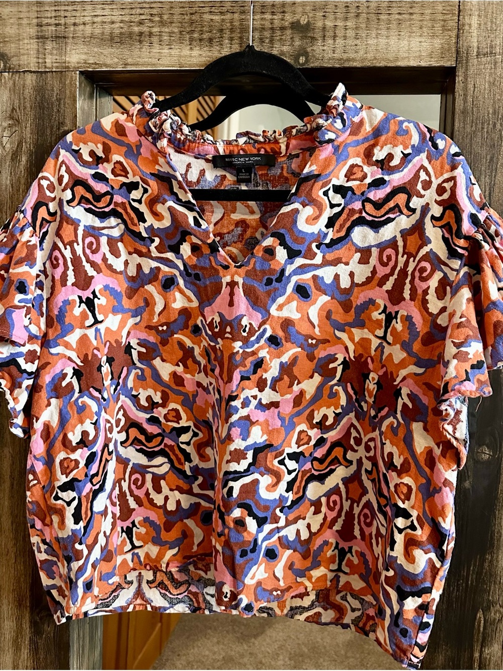 Marc New York Andrew Marc Abstract Print Flutter Sleeve Blouse Top Large Boho